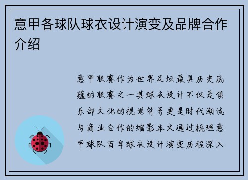 意甲各球队球衣设计演变及品牌合作介绍