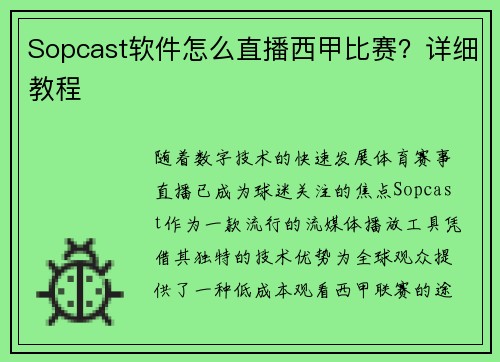 Sopcast软件怎么直播西甲比赛？详细教程